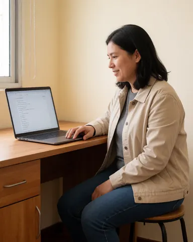 A smiling woman working on a laptop computer at a wooden desk in an indoor space.