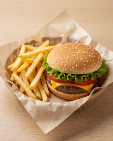 Hamburger with cheese, tomato, and lettuce next to french fries in a paper basket on a wooden table.