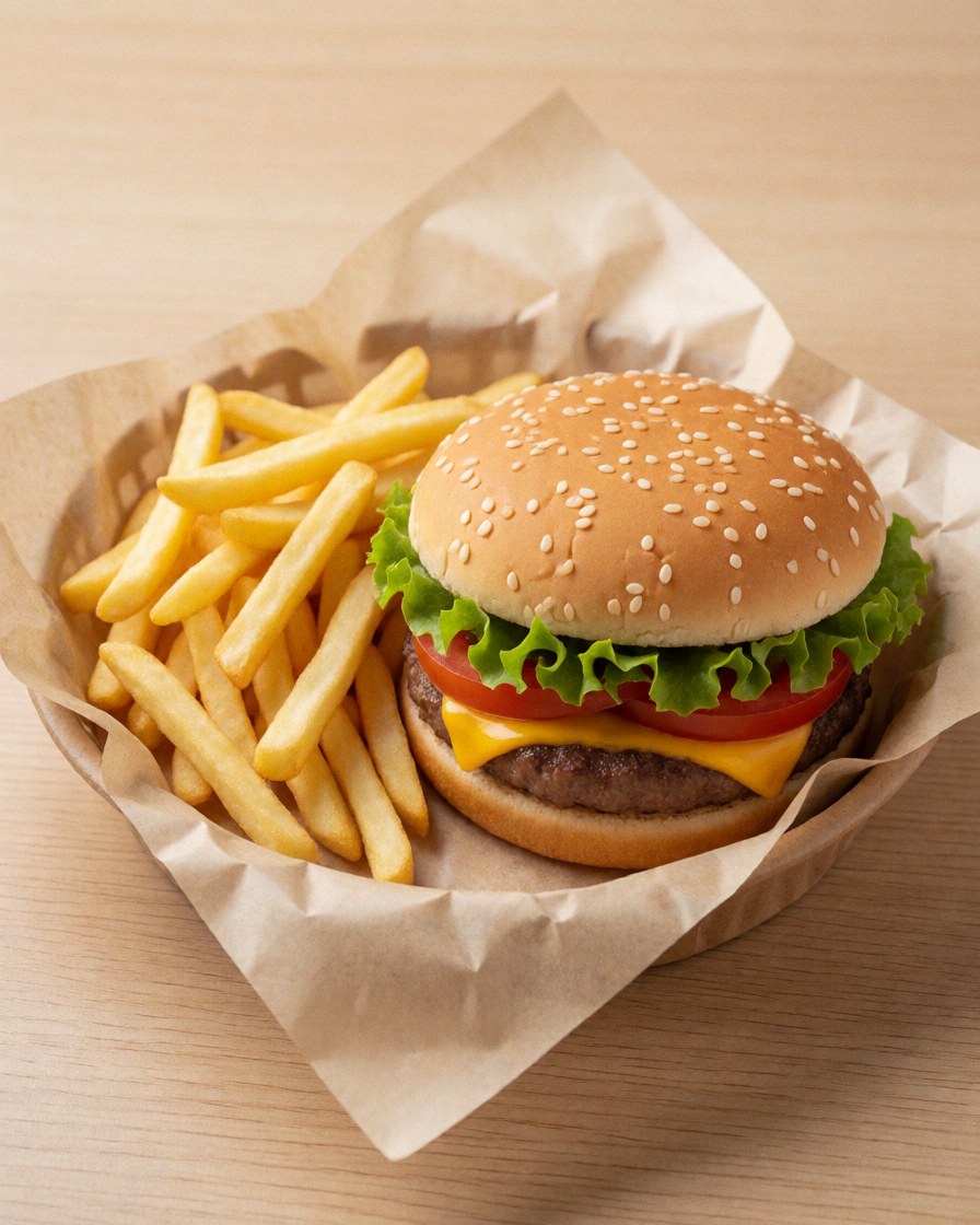 Hamburger with cheese, tomato, and lettuce next to french fries in a paper basket on a wooden table.