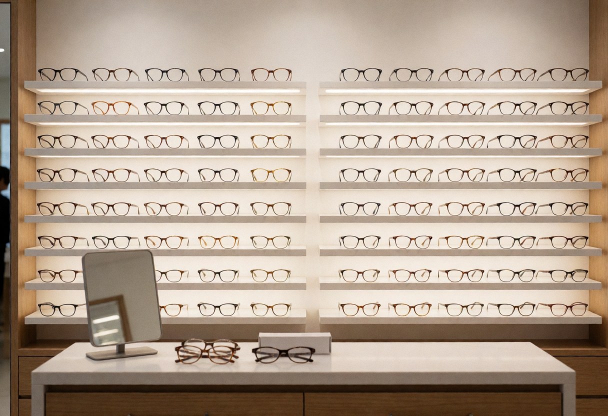 Wall with illuminated shelves of eyeglass frames in optical store, with counter and mirror in foreground.