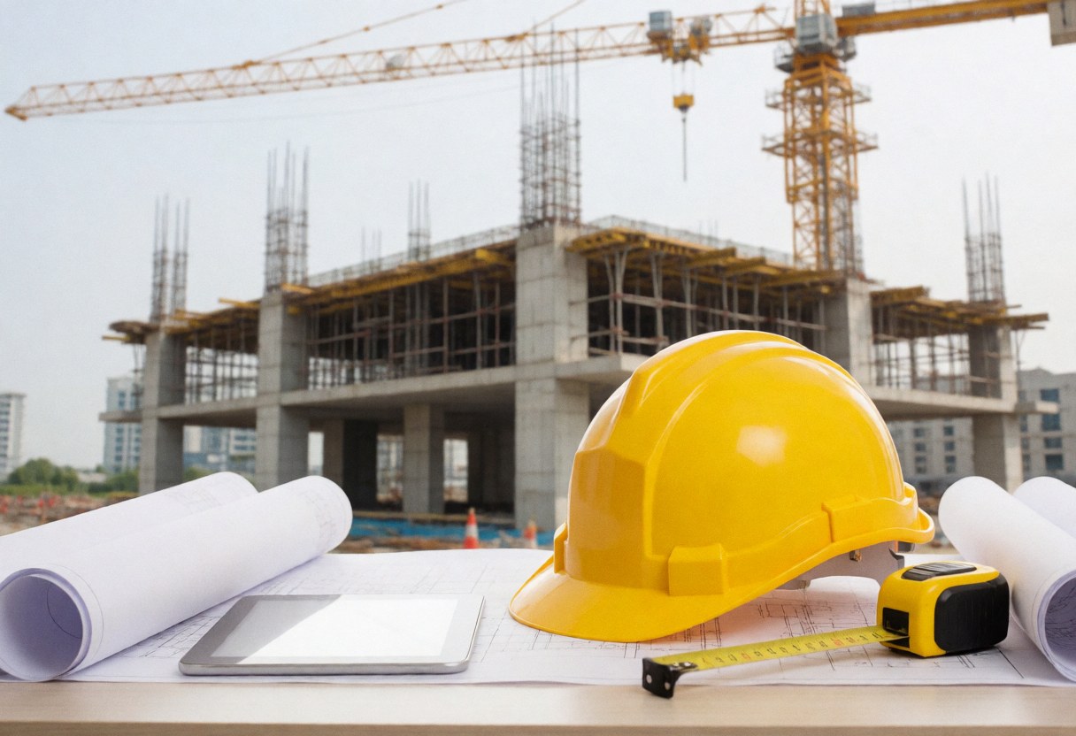 Yellow hard hat, blueprints, and tools on a table with a construction site in the background.