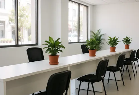 Modern office interior with white tables, black chairs, and potted plants, ready to serve customers.