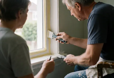 Two painters work together painting the frame of an interior window with brushes and roller.