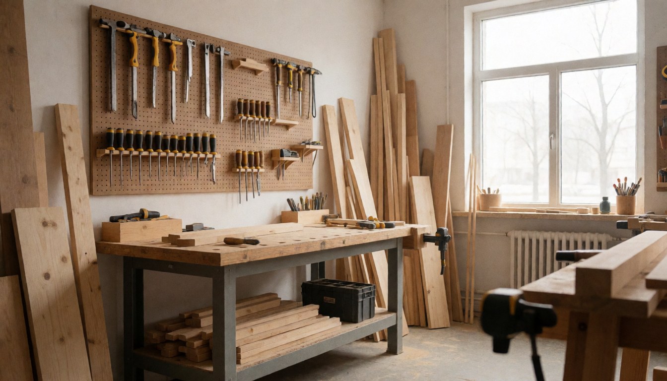 Carpentry workshop with tools hanging on the wall and wooden planks ready to work.