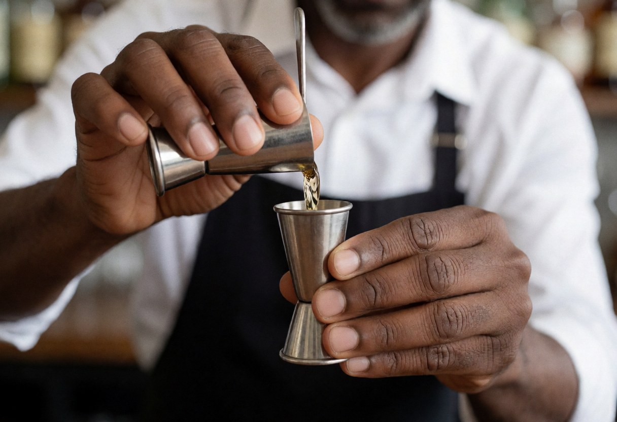 A bartender in a black apron and white shirt pours golden liquor from one metal jigger into another, in a bar.