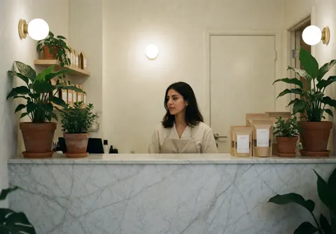 A woman attends at a reception with marble counter, plants and product bags.