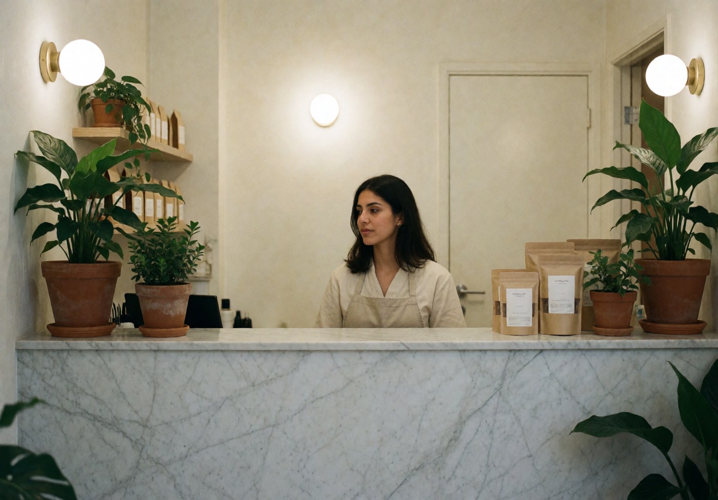 A woman attends at a reception with marble counter, plants and product bags.