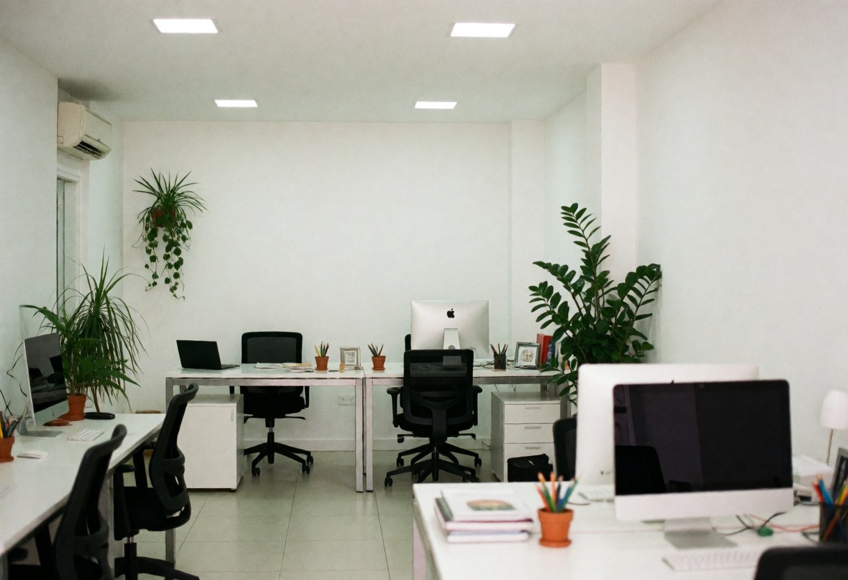 Modern office with desks, computers, chairs and green plants in a clean and minimalist environment.