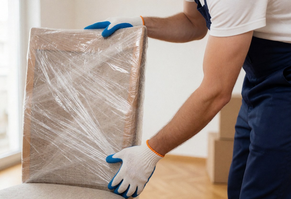 A worker with blue gloves holds a chair wrapped in plastic to move it.
