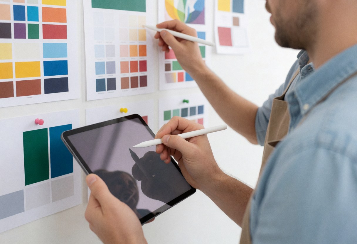 A designer with a tablet and digital stylus choosing color palettes on a wall with color samples.