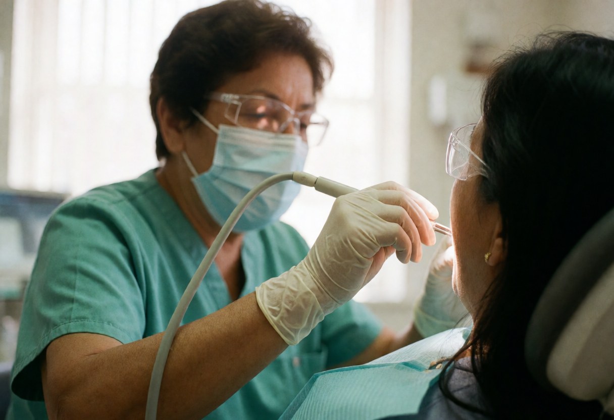 A dentist wearing a mask and gloves treats a patient seated in a dental chair.