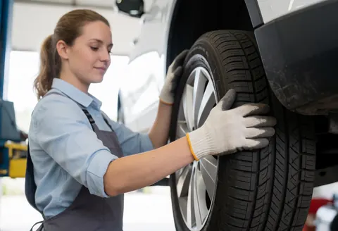 Mechanic with gloves inspecting a car tire in a garage.