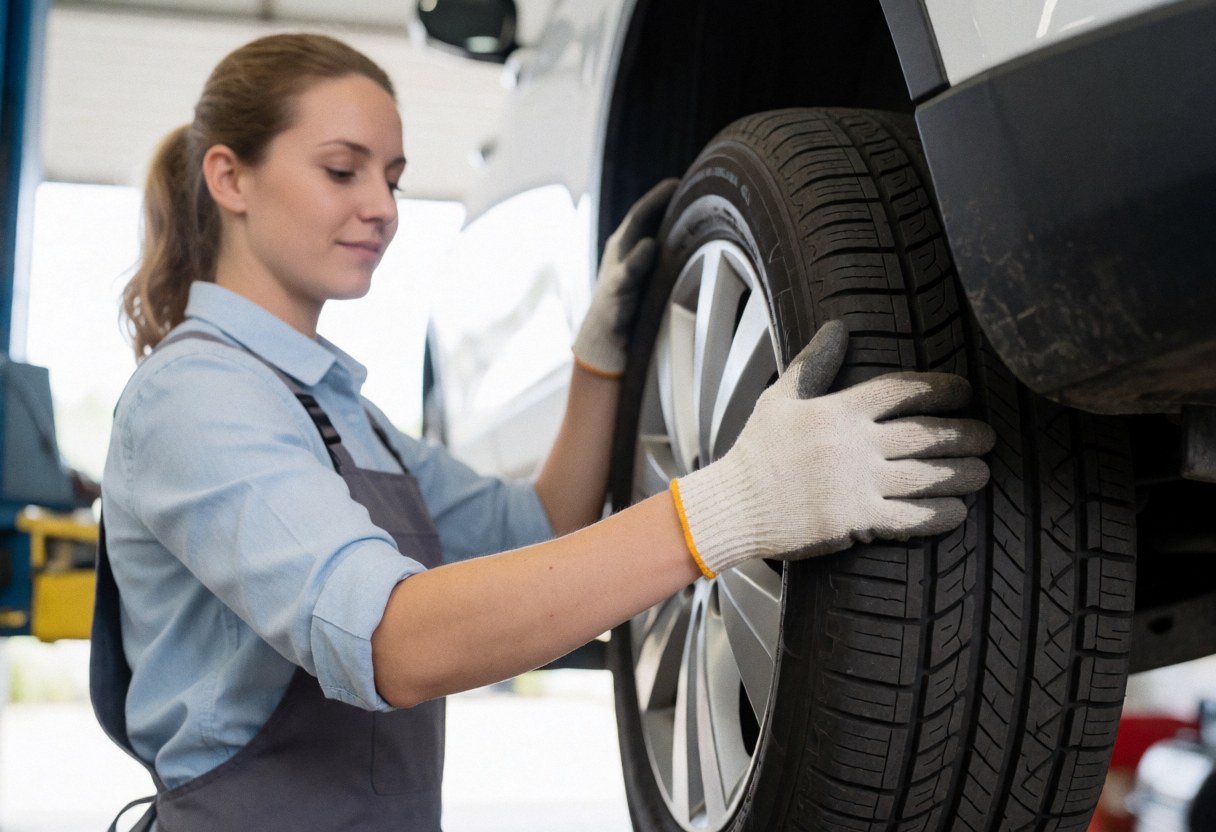 Mechanic with gloves inspecting a car tire in a garage.