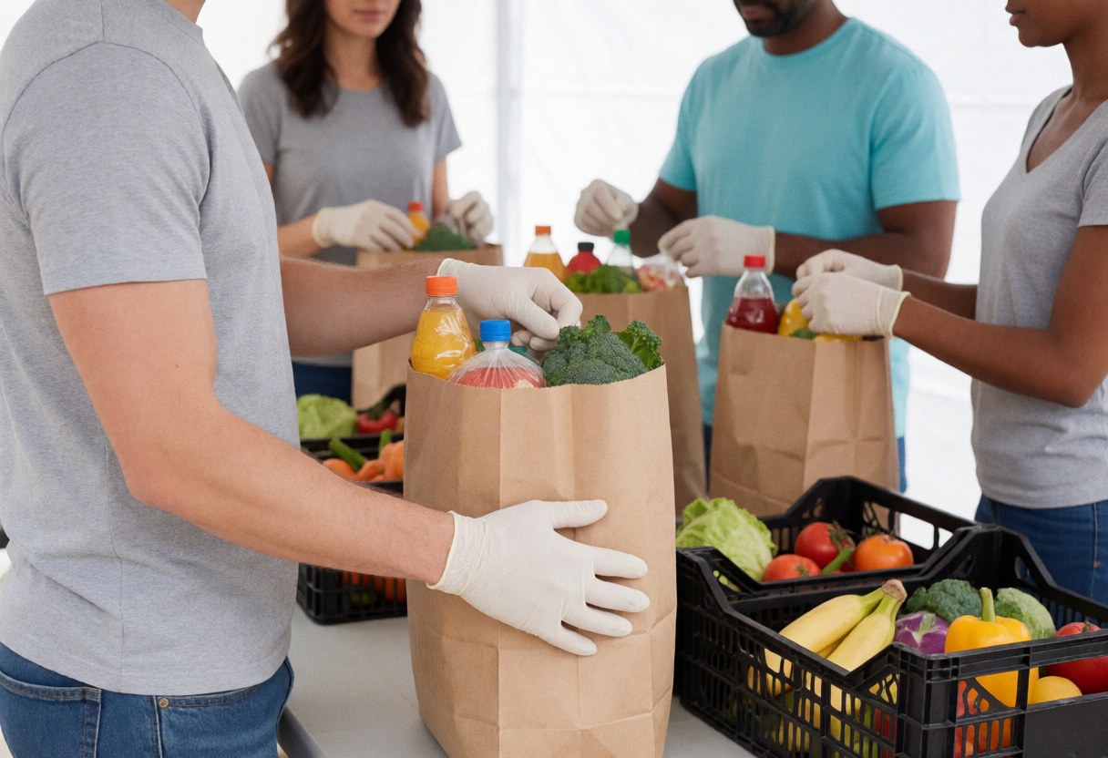 Volunteers wearing gloves pack food into paper bags in front of crates with fresh fruits and vegetables.
