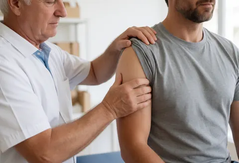 Therapist in white coat manipulates the shoulder of a patient in a gray t-shirt during a physiotherapy session.