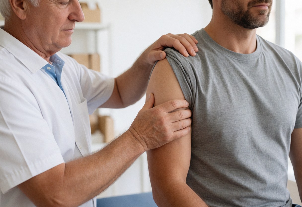 Therapist in white coat manipulates the shoulder of a patient in a gray t-shirt during a physiotherapy session.