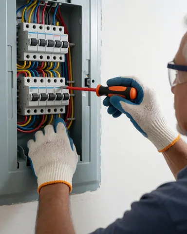 An electrician with gloves and glasses adjusts wires in an electrical panel with switches.