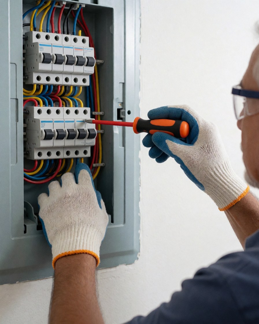 An electrician with gloves and glasses adjusts wires in an electrical panel with switches.