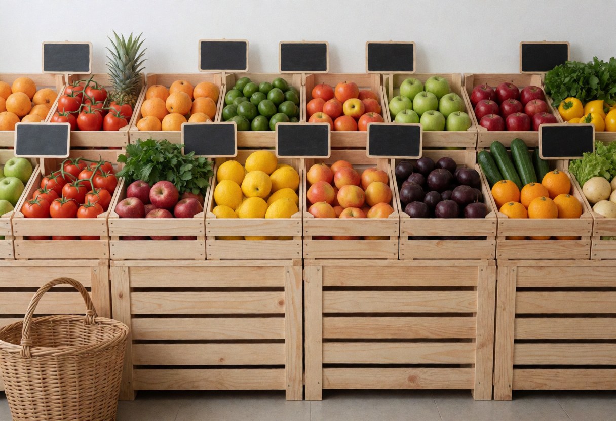 Fresh fruits and vegetables in wooden crates at a minimarket, with a wicker basket on the left.