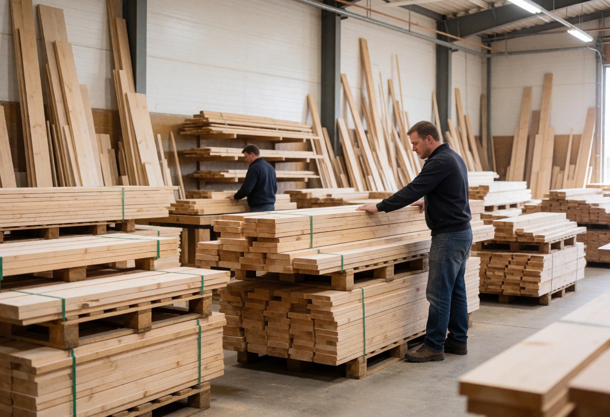 Two carpenters organizing wooden planks on pallets in a carpentry warehouse.