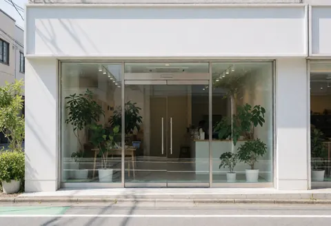 Modern office facade with large windows, glass doors, and potted plants in white pots.