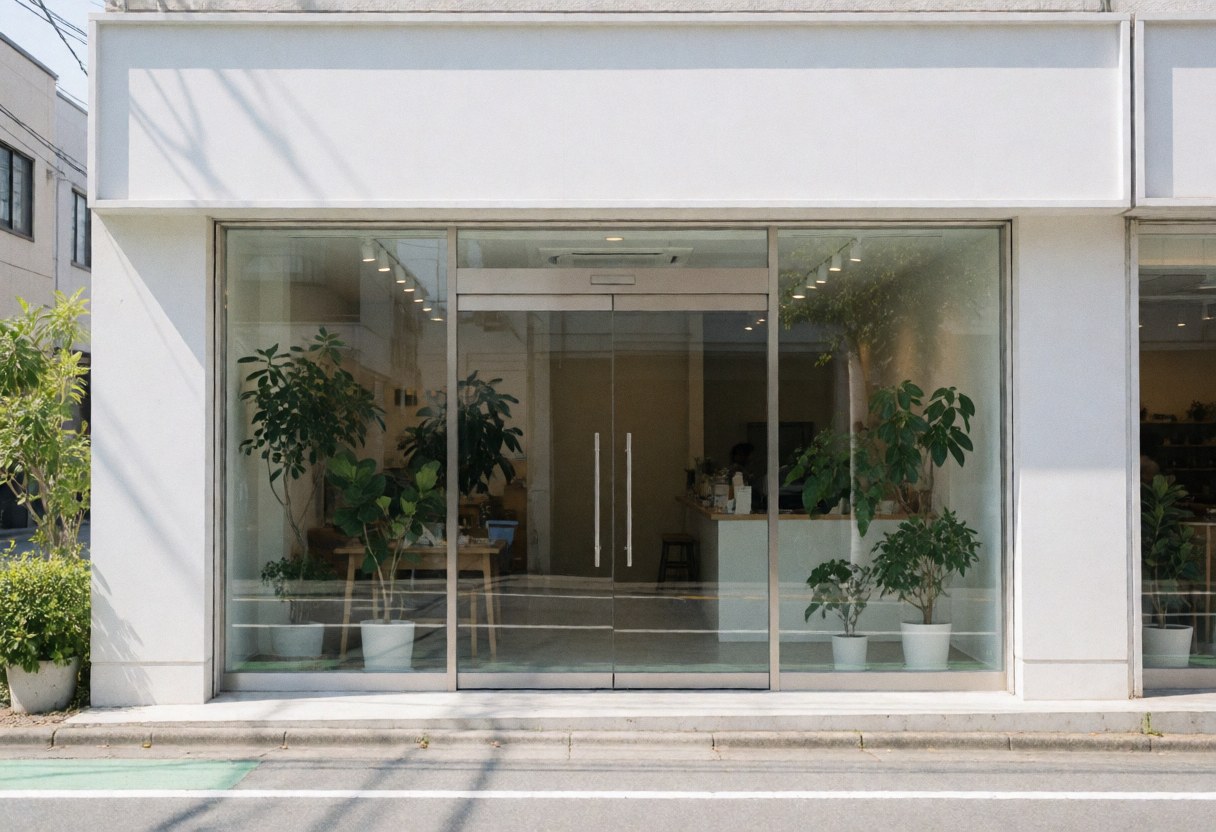 Modern office facade with large windows, glass doors, and potted plants in white pots.