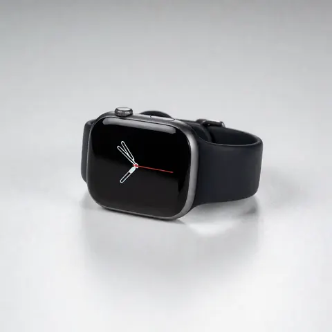 Black smartwatch with silicone band on white background in studio.