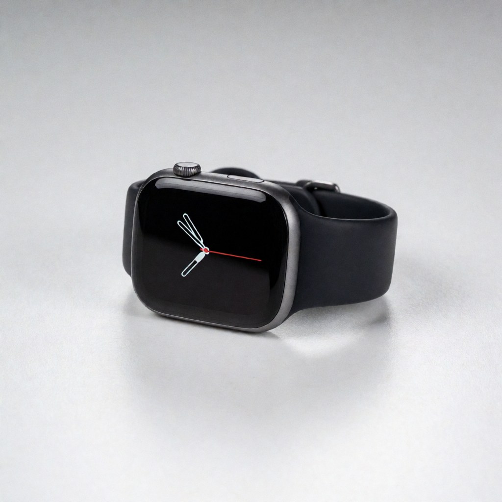 Black smartwatch with silicone band on white background in studio.