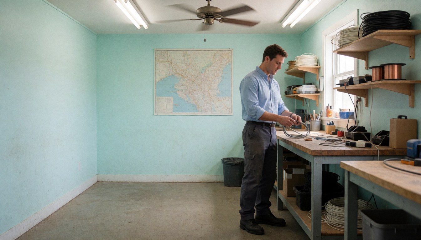 Professional electrician organizing copper cables in a workshop with turquoise walls, concrete floor, maps, and tools visible under fluorescent lights.