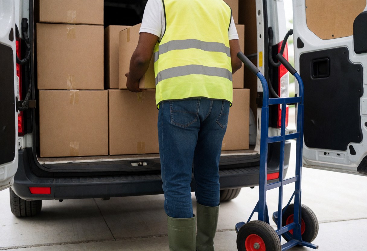 A worker in a reflective vest loads cardboard boxes into the back of a white van using a blue hand truck.
