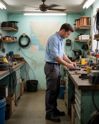 An electrician in a blue shirt and gray pants works in a workshop with tools and electrical wires on a workbench.