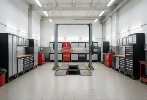 Modern and clean auto repair shop with car lift, tool cabinets, and white walls.