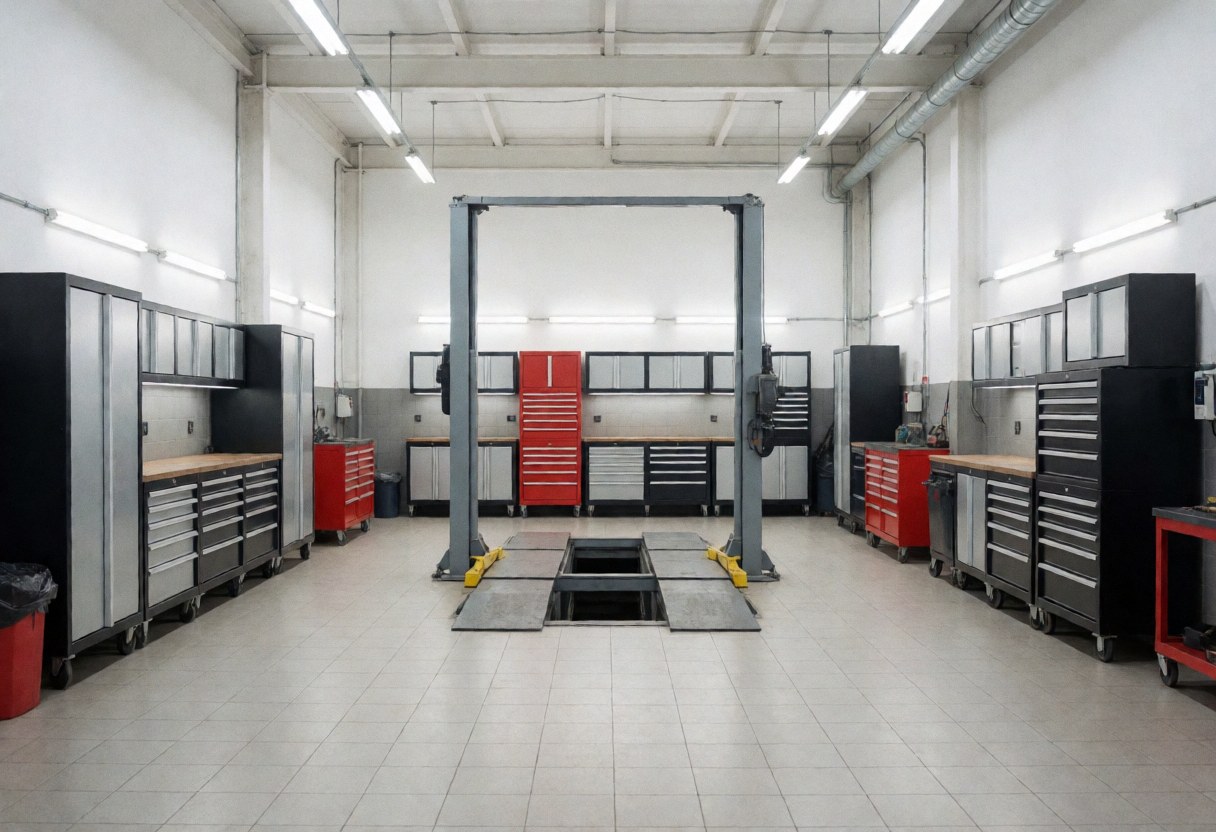 Modern and clean auto repair shop with car lift, tool cabinets, and white walls.