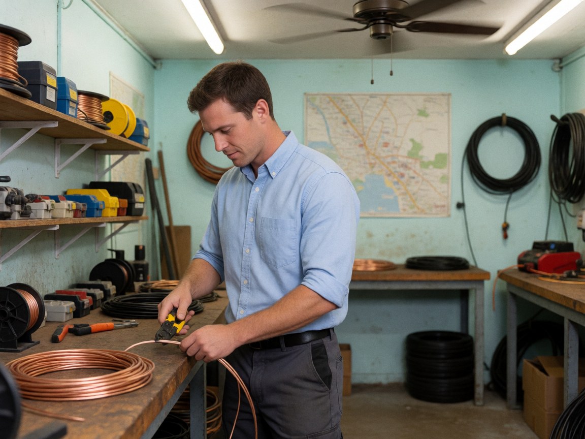 An electrician cuts a copper wire with a tool in a workshop with shelves of materials.