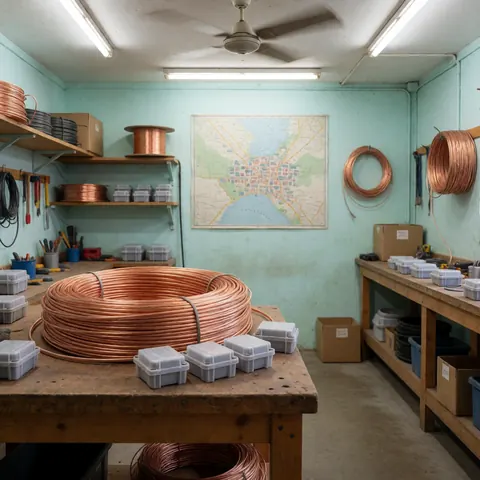 Electrician's workshop with coils of copper wire and plastic boxes on a workbench.