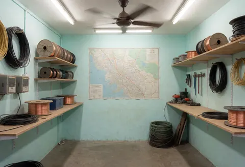 Electrician workshop with turquoise walls, shelves with spools of cable, and a map on the wall.