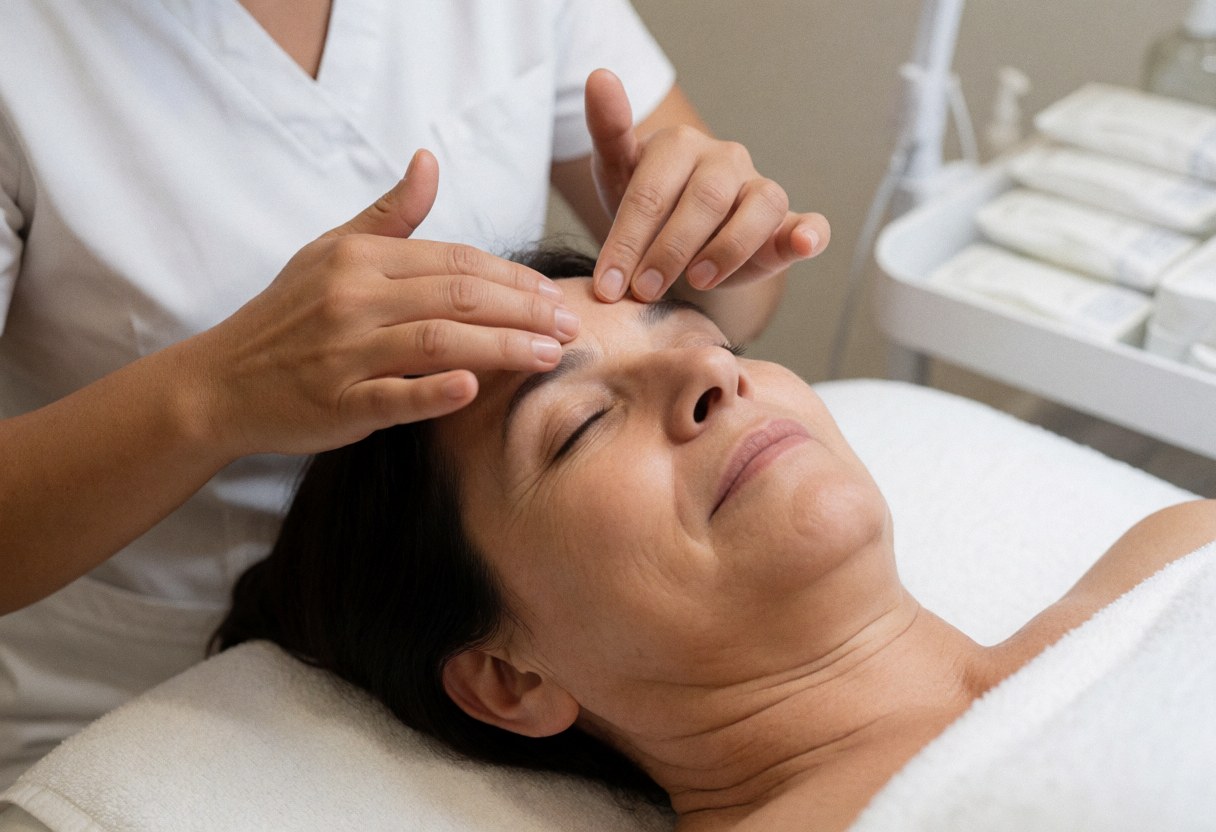 A woman receives a facial massage at a beauty clinic, with a therapist applying gentle pressure to her forehead.