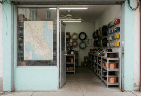 Electrician shop with maps and spools of cable on shelves and walls.