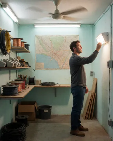 An electrician checks a new light fixture in his workshop, with spools of cable and a map on the wall.