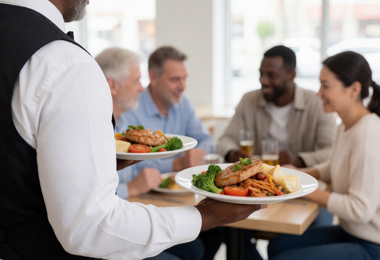 Waiter serving plates of food to customers seated at a restaurant table.