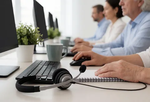 Customer service agents working in an office with computers, headsets, and coffee mugs.