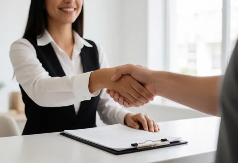 A woman smiles as she shakes hands with a client who just signed a document on a reception desk.