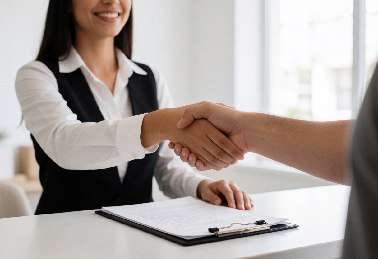 A woman smiles as she shakes hands with a client who just signed a document on a reception desk.