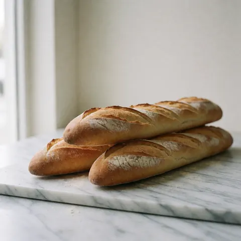Three freshly baked baguettes rest on a white marble surface with gray veins.