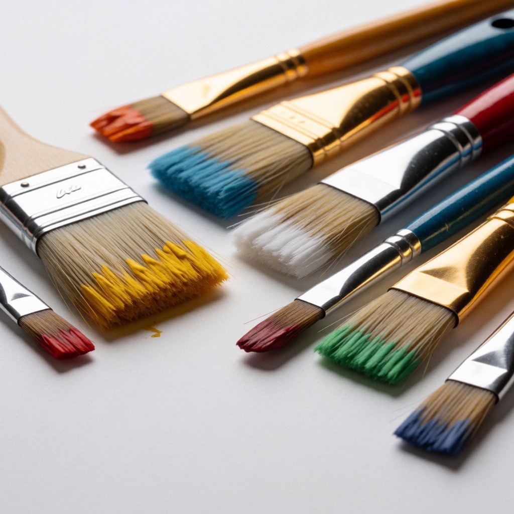 Various paint brushes with colorful bristles on a white surface.