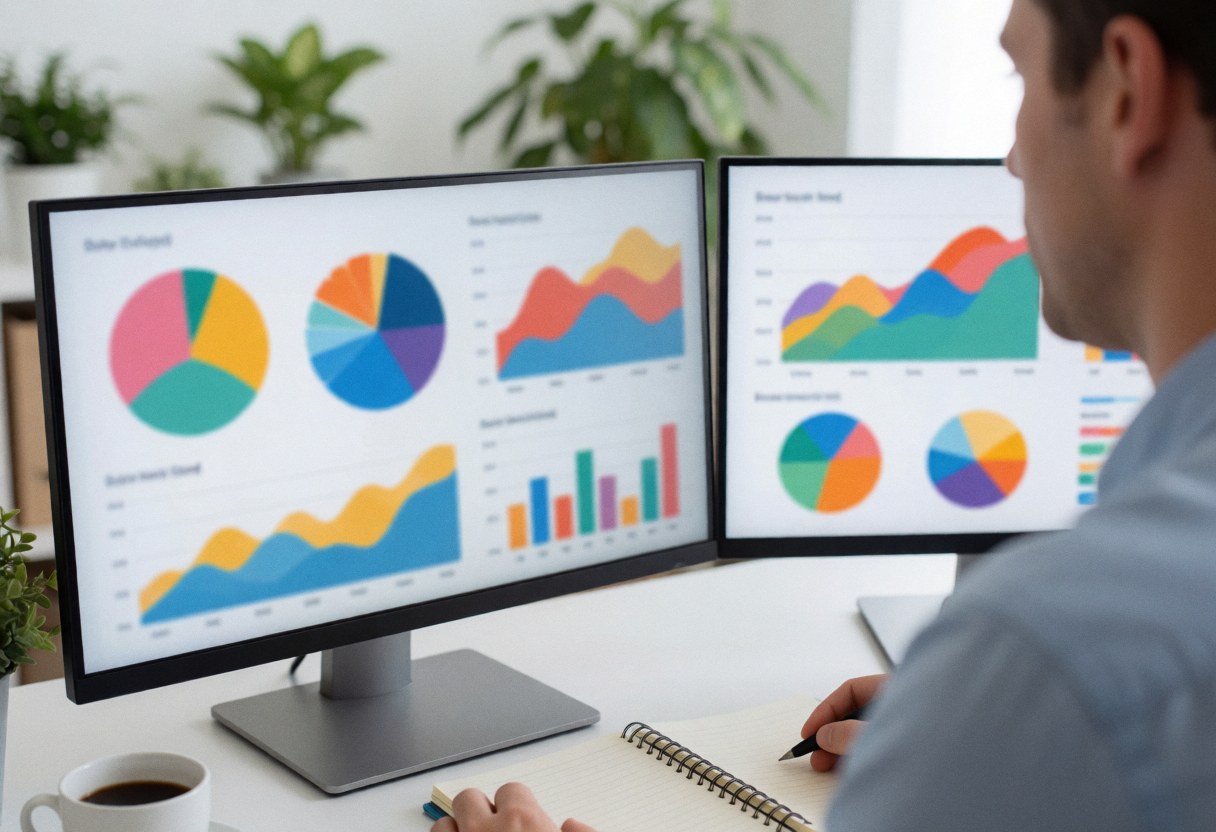 A man reviews data charts on two monitors while taking notes in a notebook on his office desk.