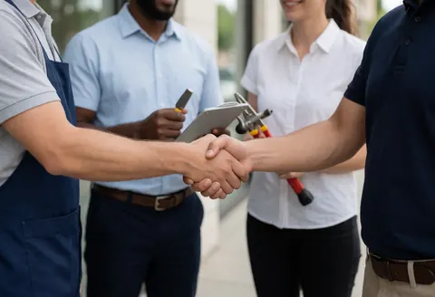 Technician in overalls shakes hands with a client while other technicians observe with tools.