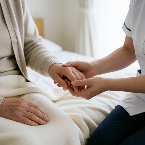An elderly person in bed receives emotional and physical support from a caregiver holding their hand with empathy in a clinical setting.