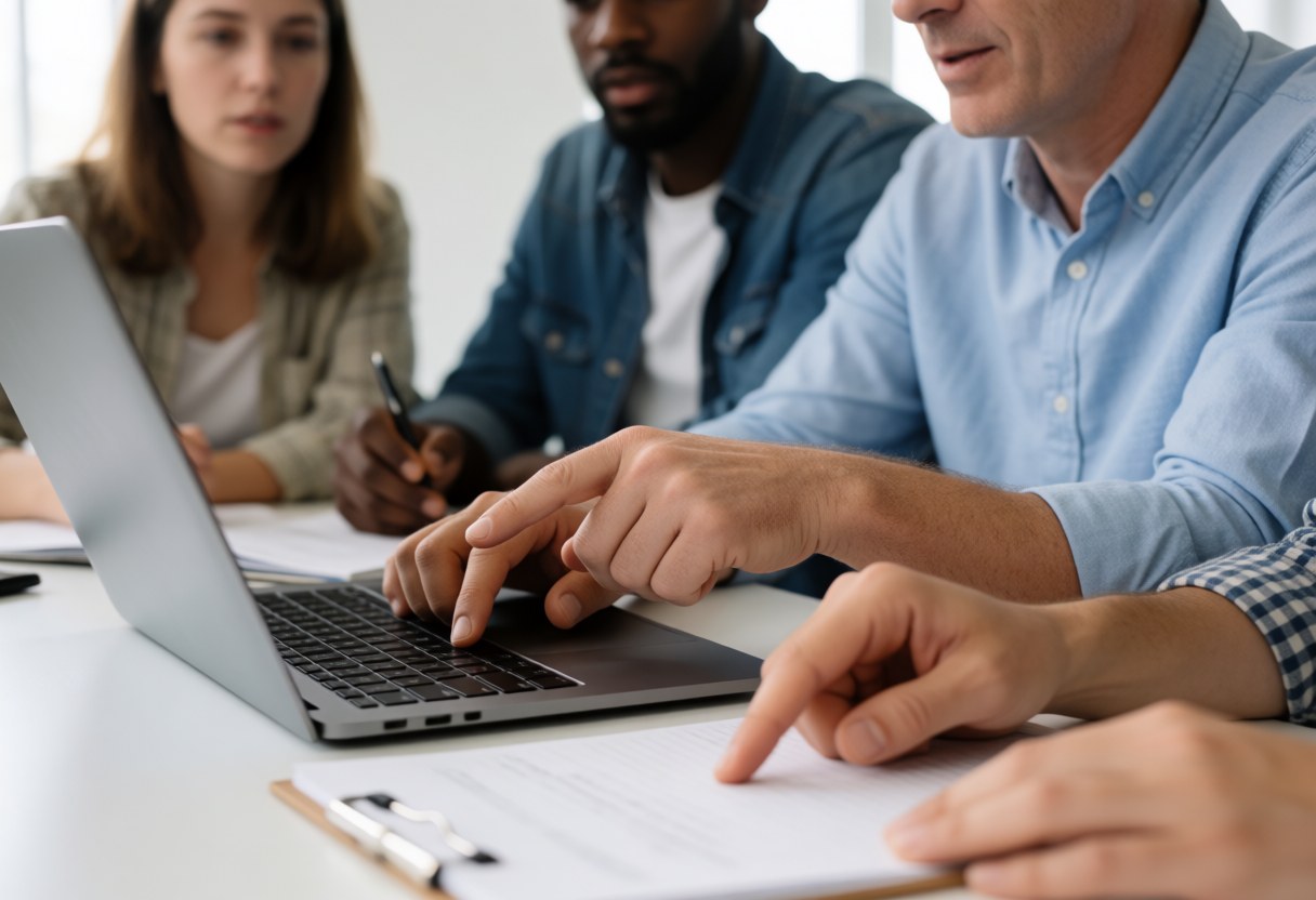 Group of people working together in an office meeting with computer and documents.