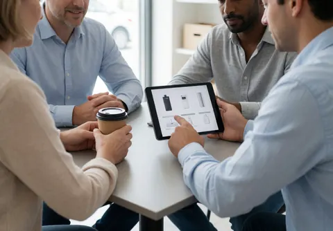 Four people at a table review products on a tablet, one holds a coffee cup.